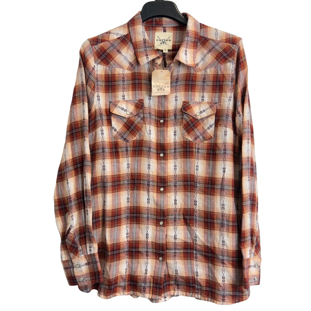 NEW Cotton & Rye Outfitters Womens L Plaid Western Snap Shirt Orange Gold Lurex